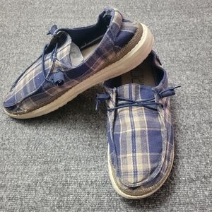 Hey Dude Women's Size 7 Wendy Tartan Blue Beige Slip On Loafers Boat Shoes